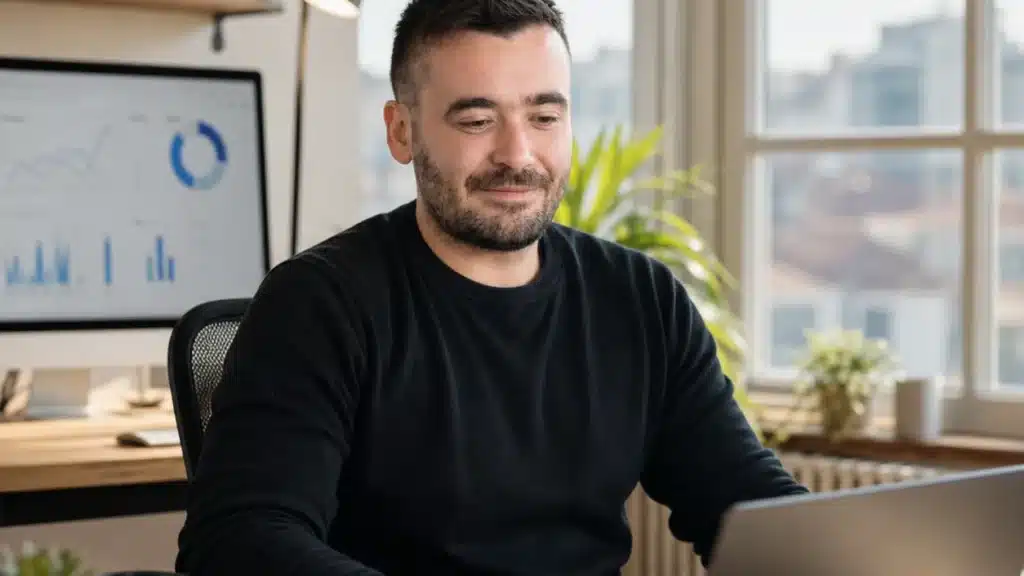 Florian Caux analysant les données de performance SEO d’un client sur son tableau de bord