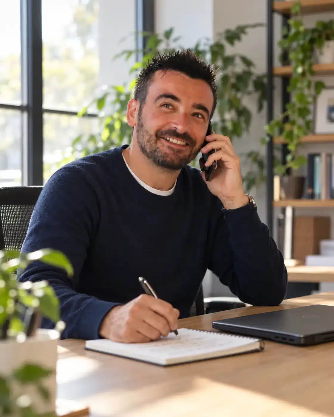 Florian Caux, consultant SEO à Lyon, au téléphone avec un client dans son bureau, carnet et ordinateur portable sur la table
